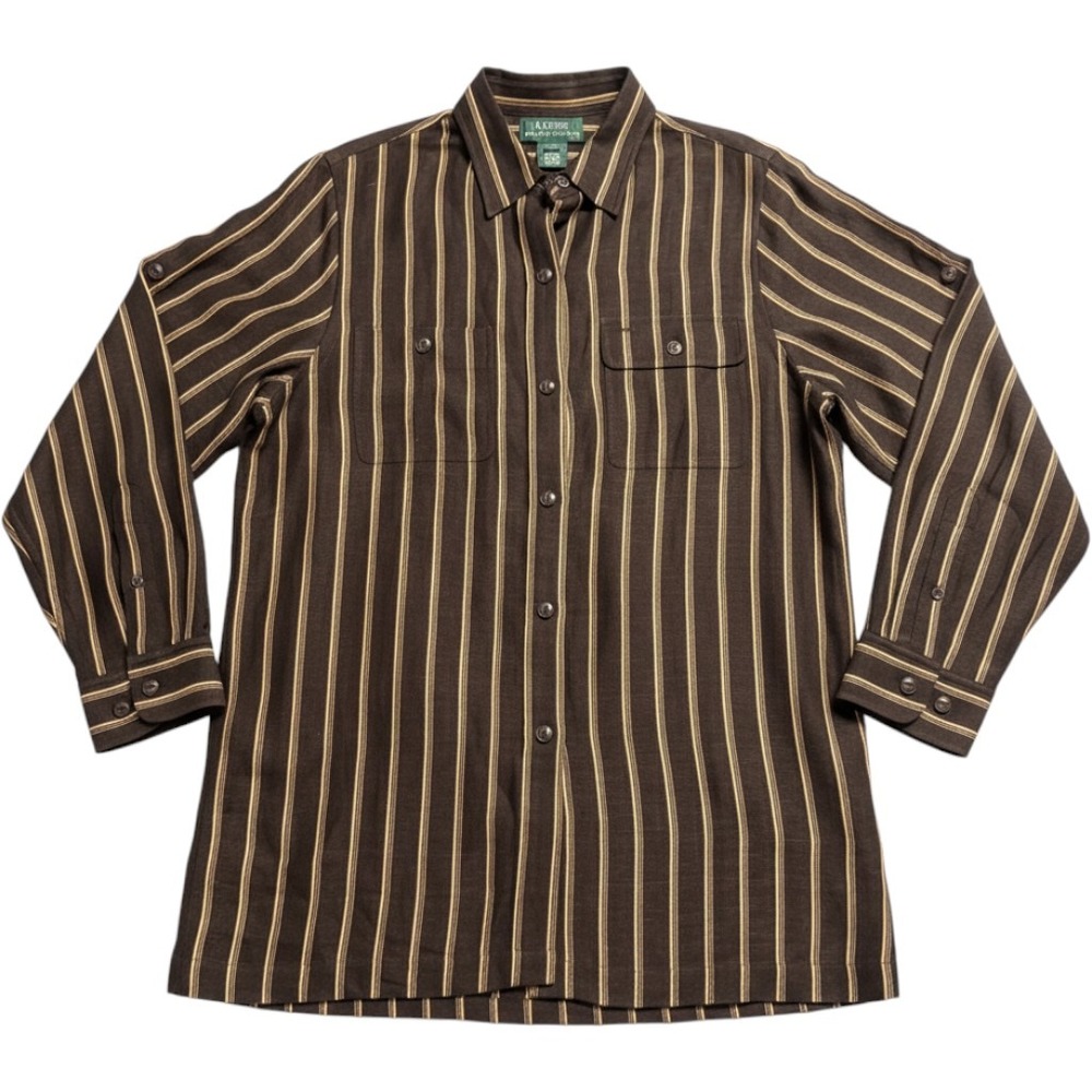 Lauren Ralph Lauren Silk Linen Striped Button Down Shirt Brown Cream Small